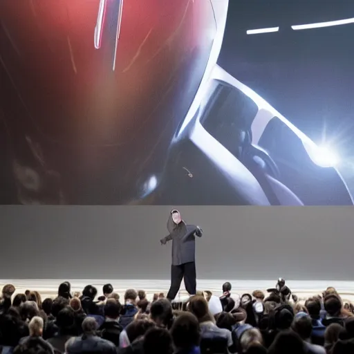 Prompt: Elon Musk presenting a giant mecha robot to an audience, Tesla Presentation, Professional photography, 8K