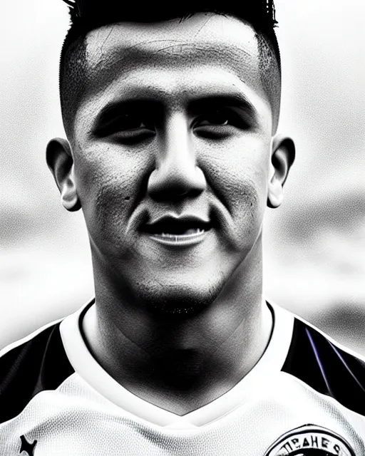 Image similar to portrait Anime Alexis Sanchez; white football shirt, Marseille beach in background || cute-fine-face, pretty face, realistic shaded Perfect face, fine details. Anime. realistic shaded lighting