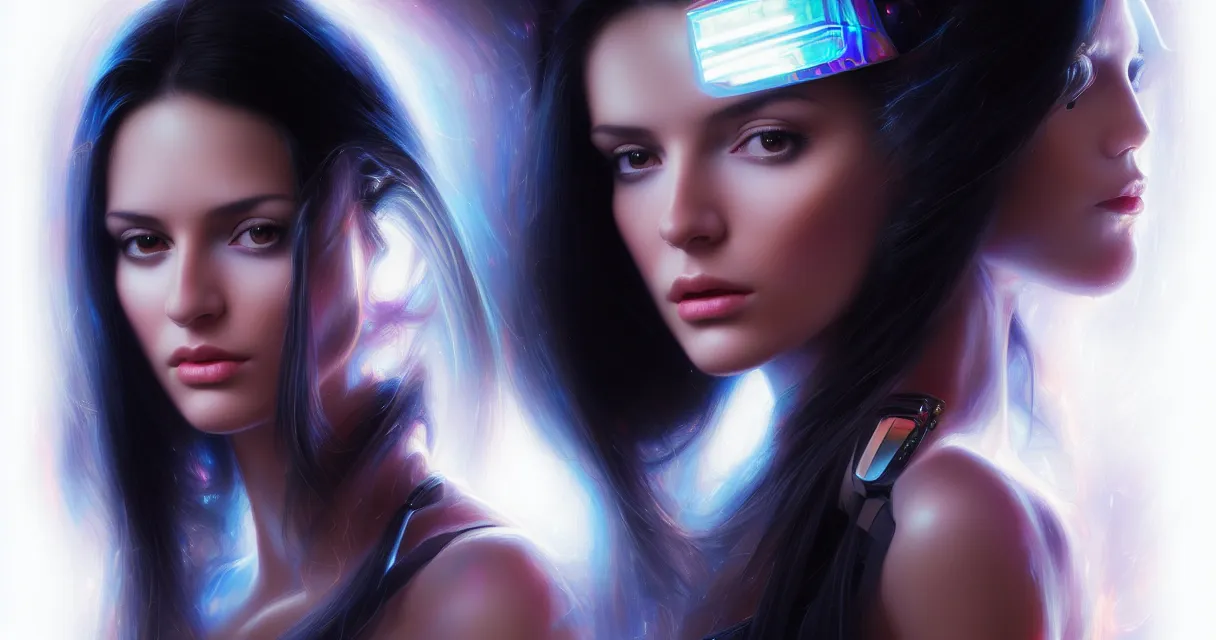 Image similar to beauty young spanish woman with long black hair in holograms of alien artifacts, electrical case display, Terminator tech, ultrarealistic, dramatic lighting, electrical details, high details, 4k, 8k, best, accurate, trending on artstation, artstation, photorealism, ultrarealistic, digital painting, style of Peter Mohrbacher, Caravaggio, Boris Vallejo