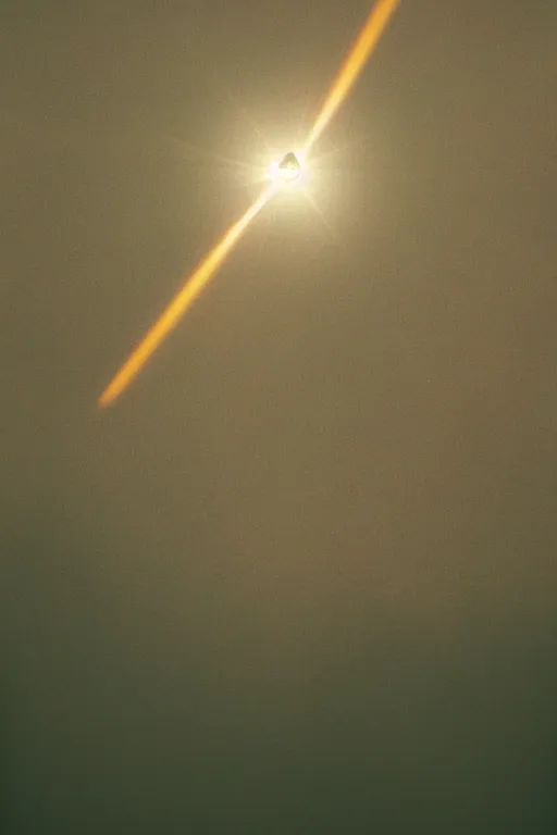 Prompt: agfa vista 4 0 0 photograph of a spaceship abducting a person, floating mid air, lens flare, back view, moody lighting, moody vibe, telephoto, 9 0 s vibe, grain, vintage, tranquil, calm, faded