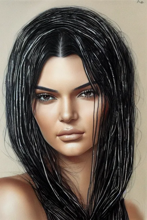 Image similar to realistic detailed face portrait painting of the beautiful kendall jenner with long hair with sci-fi headwear and transparent skin ,drawn by HR GIGER