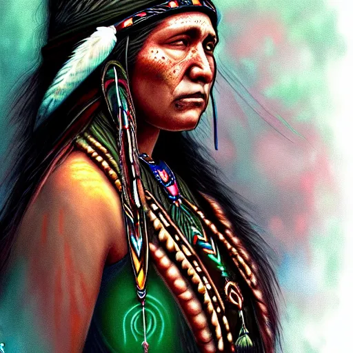Prompt: : female native american shaman, fantasy magic, celtics, ireland, intricate, sharp focus, illustration, highly detailed, digital painting, concept art, matte, jahbu art ancient, cosmos, cosmic