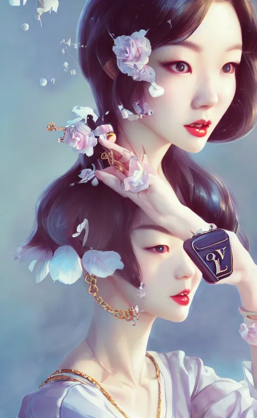 Image similar to a pin up and beautiful fashion charming dreamlke korea girl with lv jewelry, character art, art by artgerm lau and kyoung hwan kim and and ilya kuvshinov and john singer sargent, hyperdetailed, 8 k realistic, symmetrical, frostbite 3 engine, cryengine, dof, trending on artstation, digital art