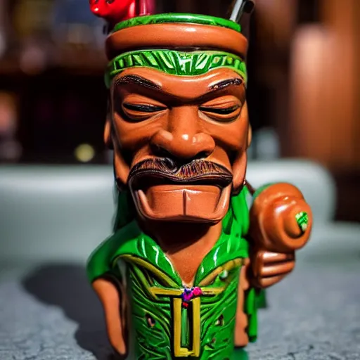 Prompt: a photorealistic photograph of a Trader Vic's tiki mug featuring Snoop Dogg at a Tiki bar - Trending on Artstation, featured on Behance, well-rendered, Unreal Engine, 4K HD