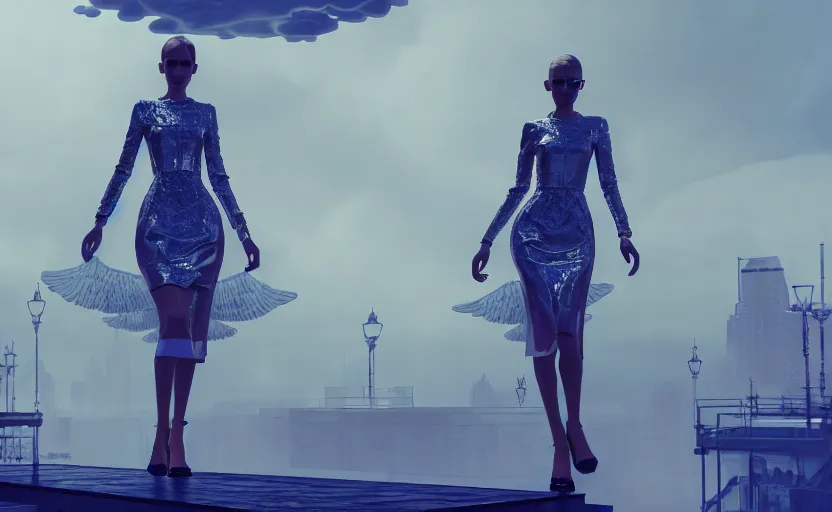 Image similar to Fashion Catwalk!! on a platform in an Angelic Floating City in the Clouds, Fashion Photography, Hyperrealistic, Intricate Details, Raytracing, Volumetric Lighting, Lightshafts, Smooth Gradients, Unreal Engine 5, Photorealism, Concept Art