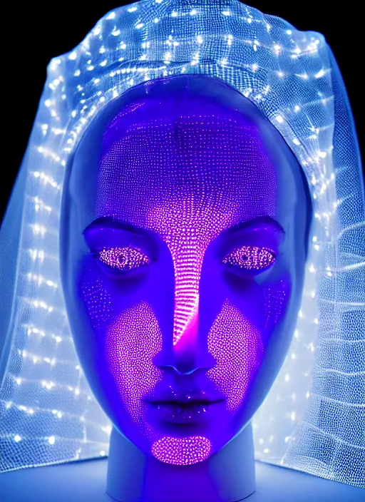 Image similar to queen chess piece photo, beautiful veil of led point lights, pearlescent skin, skin made of led point lights, very detailed, highly detailed background, reflective chessboard, photorealism, sharp focus, photorealism,sculpture , isometric view, soft diffuse autumn lights, some sunlight ray, dark room wall, canon 5D 50 mm lens