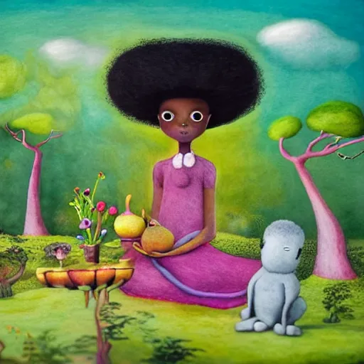 Image similar to black girl with big cute! eyes and a colorful afros having a tea party in an african zen garden with a baobab tree, bright colors, watercolor, volumetric wool felting, felt, macro photography, children illustration, global illumination, radiant light, detailed and intricate environment, by goro fujita, psychedelic surreal portrait, bokeh!!!!