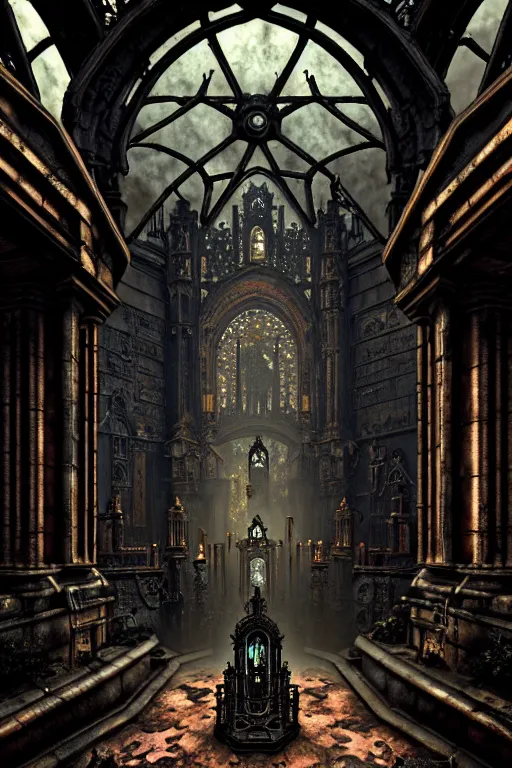 Image similar to steam necropolis, memento mori, gothic, neo - gothic, art nouveau, hyperdetailed copper patina medieval icon, stefan morrell, philippe druillet, ralph mcquarrie, concept art, steampunk, unreal engine, detailed intricate environment, octane render, moody atmospherics, volumetric lighting, ultrasharp, ominous, otherworldly