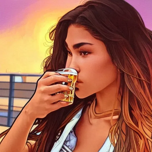 Image similar to Madison Beer drinking beer in the parking lot, realistic, sunset 😂😂😂☺️☺️☺️, in the style of Artgerm and Alphonse Mucha