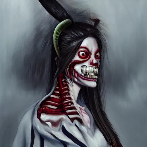 Image similar to a realistic painting by Raffaello Sanzi depicting the Kuchisake-onna with the head of the symbiotic Xenomorph in the Renaissance,smooth,Sharp focus, trending on Artstation.