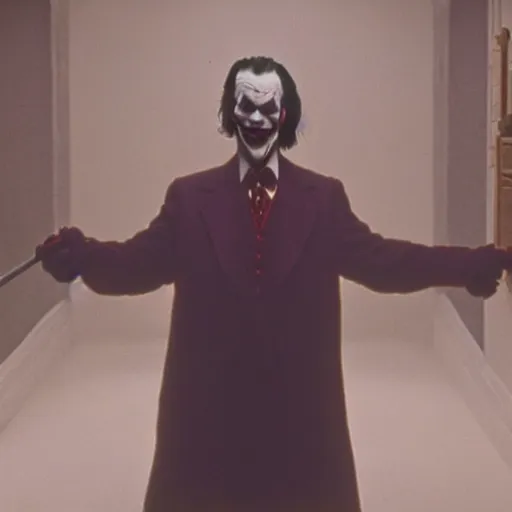 Image similar to jack torrance as the joker in the shining, standing at end of long hall holding an axe, widescreen shot, anamorphic film, screenshot by stanley kubrick