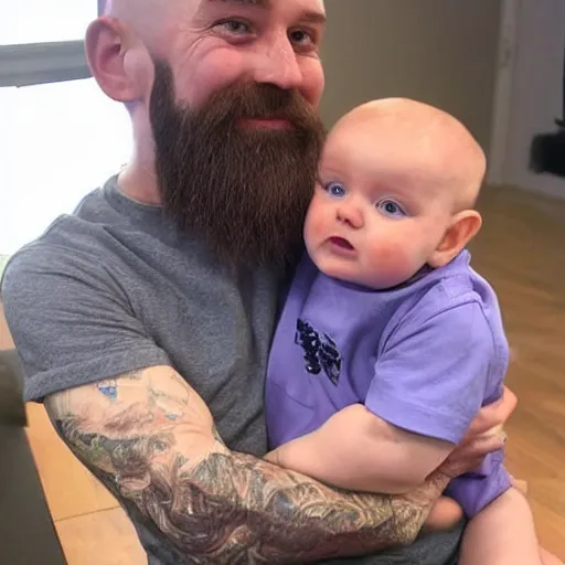 Image similar to a photo of a white man with a mid fade haircut and level 1 clipper beard that is happy with his 3 month year old baby boy.