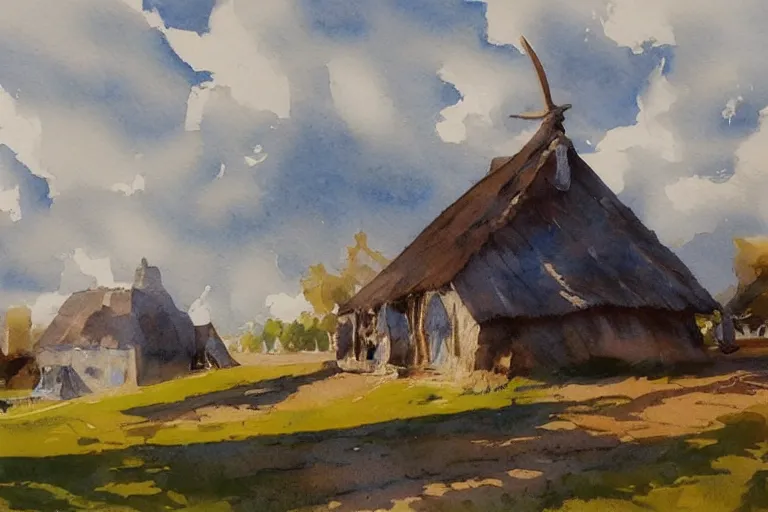 Prompt: small centered on watercolor paper, paint brush strokes, abstract watercolor painting of ancient viking house in city park, daylight, blue sky, cinematic light, national romanticism by hans dahl, by jesper ejsing, by anders zorn, by greg rutkowski, by greg manchess, by tyler edlin