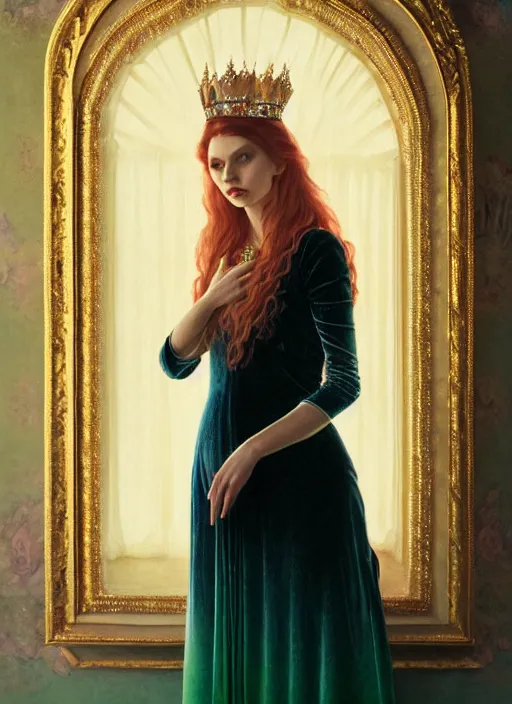 Image similar to ombre velvet gown, lovely queen, portrait, long raven hair, small crown, dozens of jeweled necklaces, feral languid hannah murray, by greg rutkowski, anato finnstark, alphonse mucha, global illumination, radiant light