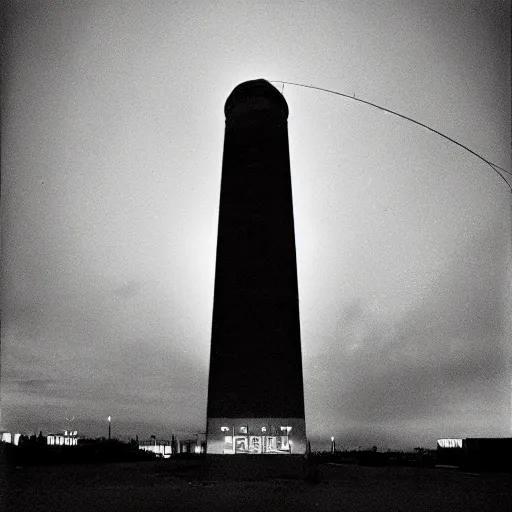 Prompt: Front view of panopticon tower, Shutter Speed, Neon lights, XAVC, Gelatin silver print, Panorama, Terry O'Neill