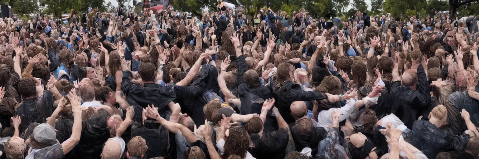 Image similar to photograph of several clones of joe biden raving in a muddy mosh pit