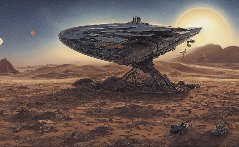 Image similar to very detailed, simon roy, illustration of a giant crashed space ship on a desert planet, wide shot