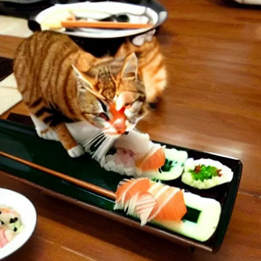 Prompt: cat making sushi