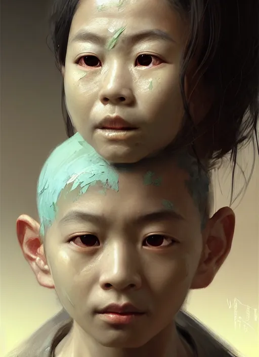 Image similar to a portrait of an oriental sage child with an enormously large head, an ancient pale sage child with subtle paint on face, highly detailed, digital painting, artstation, concept art, intricate, elegant, smooth, sharp focus, art by wlop, mars ravelo and greg rutkowski and craig mullins