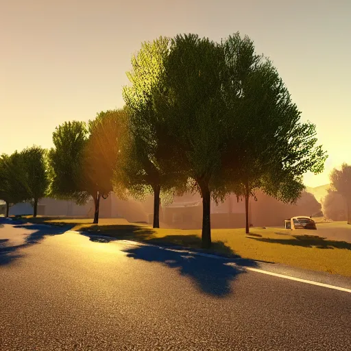 Image similar to neighborhood street, golden hour, golden sunshine, trees over road, shining sun in distance, trees, juniper trees, oak trees, cars parked in street, long street, distance, cel - shaded, raytracing, cel - shading, toon - shading, unreal engine 5