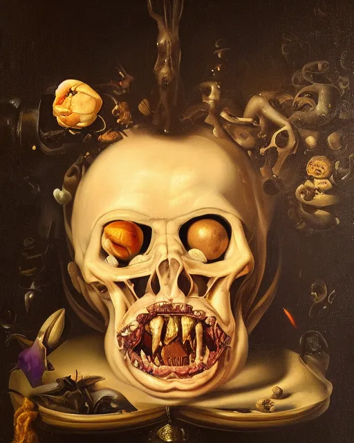 Prompt: refined gorgeous blended oil painting with black background by christian rex van minnen rachel ruysch dali todd schorr of a chiaroscuro portrait of an extremely bizarre disturbing man with shiny skin chrome surfaces dutch golden age vanitas intense chiaroscuro cast shadows obscuring features dramatic lighting perfect composition masterpiece