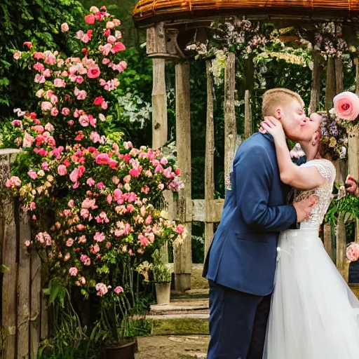 Prompt: the groom kisses the bride at a wedding full of flowers, bright and happy, art, highly detail, 4 k realistic, wedding photo, louise dahl - wolfe, andrea kowch, sophie anderson, lilia alvarado