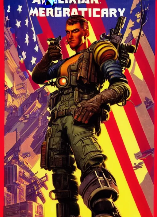 Prompt: american propaganda poster. cyberpunk blackops mercenary. portrait by jean giraud and anton otto fischer and john philip falter and will eisner and gil elvgren and pixar. realistic proportions. character art. science fiction d & d. overwatch, rb 6 s, cyberpunk 2 0 7 7, blade runner 2 0 4 9.