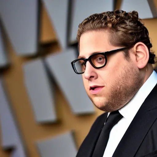 Prompt: jonah hill wearing a suit and tie, ready for a meeting