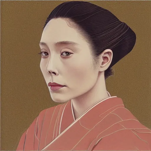 Image similar to “ elizabeth olsen portrait by ikenaga yasunari and ayana otake and ko rakusui, drawing, realistic, sharp focus, japanese, dreamy, nostalgia, faded, golden hues, floral clothes ”