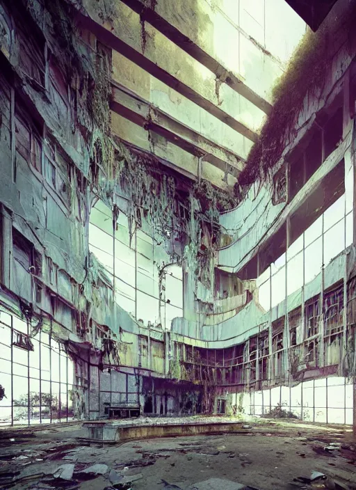 Image similar to “derelict architecture single building , cyberpunk setting, building designed by architect Oscar Niemeyer, architecture digest, building surrounded in a luxury environment, bright tones, fluorescent lighting,volumetric Lighting, photorealism, high detail, golden ratio, cinematic, octane renderer”