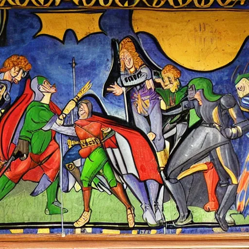 Prompt: a medieval church mural depicting batman chasing the joker, batman and the joker medieval art