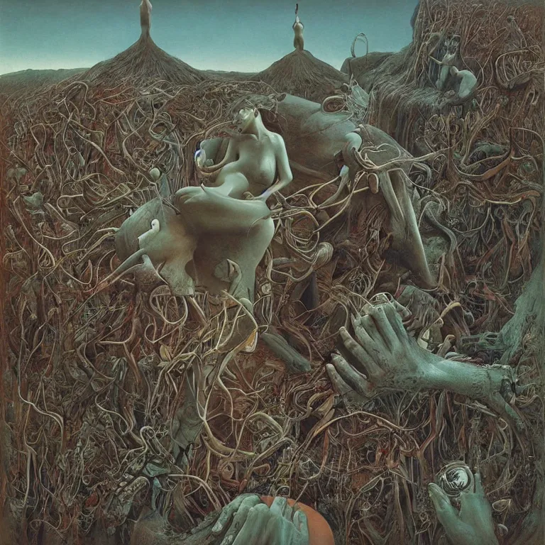 Prompt: Painting, Creative Design, album cover art, Biopunk, human mind, surrealist, by Zdzisław Beksiński and storm thorgerson