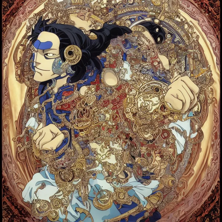 Prompt: portrait of Jinbe from one piece comic by Jeff Easley and Peter Elson + beautiful eyes, beautiful face + symmetry face + border and embellishments inspiried by alphonse mucha, fractals in the background, galaxy + baroque, gothic, surreal + highly detailed, intricate complexity, epic composition, magical atmosphere + masterpiece, award winning + trending on artstation