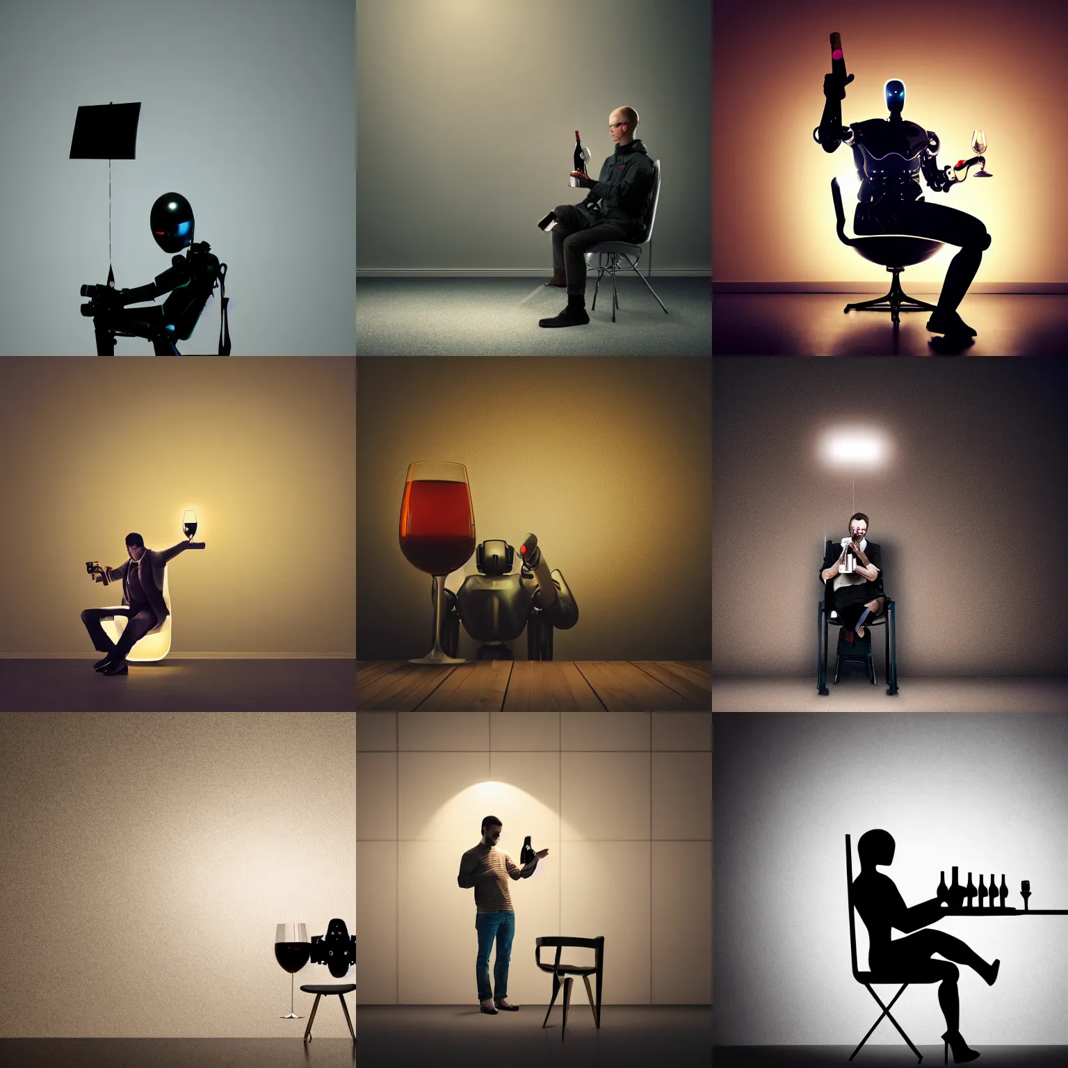 Prompt: Focused light from above falling on a Robot sitting on a chair with one leg crossed over the other holding a glass of wine in one hand with a trophy wall behind them, moody, spotlight, horror, sci-fi