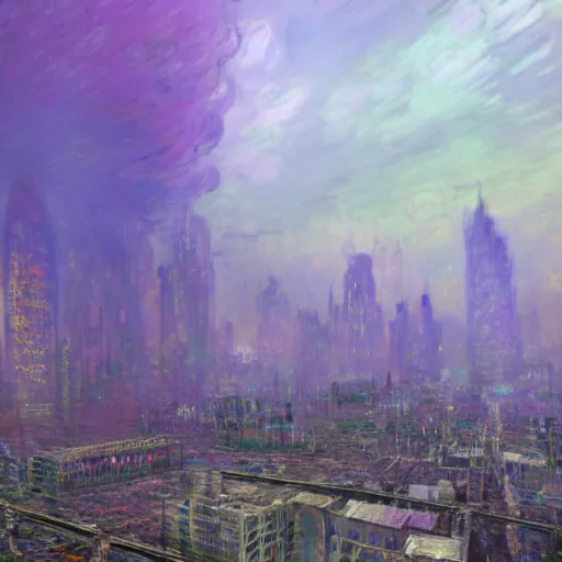 Prompt: a beautiful hyper realistic matte concept art painting of a city made out of amethyst crystal, super colorful, on a cloudy day, by monet and thomas kindade, howard knotts, moebius, and raphael lacoste, featured on artstation, featured on behance, unreal engine, cgsociety, 3 d render, landscape photography, wide angles, f 1 6