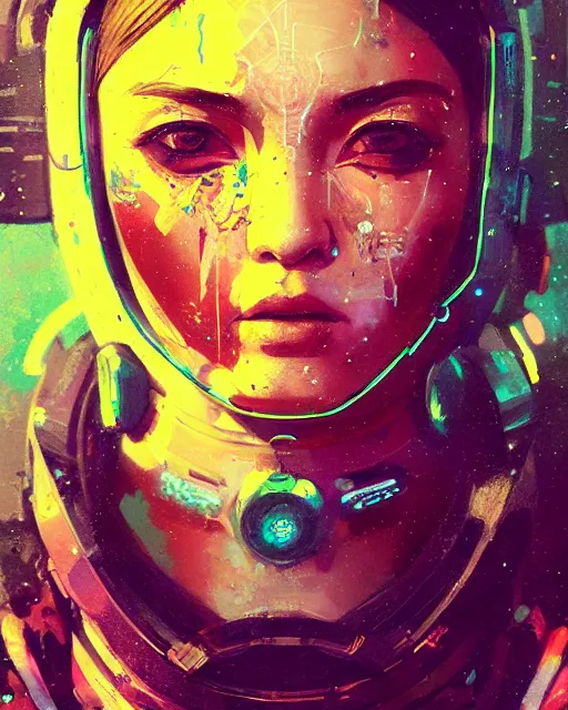 Prompt: detailed portrait Neon spacesuit Girl, cyberpunk futuristic neon, reflective, decorated with traditional Japanese ornaments by Ismail inceoglu dragan bibin hans thoma greg rutkowski Alexandros Pyromallis Nekro Rene Maritte Illustrated, Perfect face, fine details, realistic shaded, fine-face, pretty face