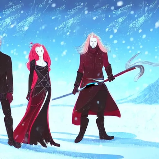 Image similar to A woman and a man are standing in the snow, the woman is leaning against the man, the man has long red hair, the woman has blonde long hair, the man has a red thick sword, the woman has a thin, long sword, a tree almost fully covered in bulky snow, concept art by Fabien Charuau, trending on pixiv, fantasy art, official art, wiccan, concept art, 4k, sharp details