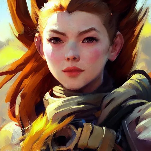 Image similar to greg manchess portrait painting of a aloy as overwatch character, medium shot, asymmetrical, profile picture, organic painting, sunny day, matte painting, bold shapes, hard edges, street art, trending on artstation, by huang guangjian and gil elvgren and sachin teng