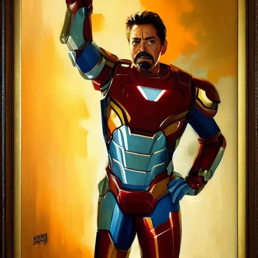 Image similar to greg manchess portrait painting of tony stark in a golden frame, medium shot, asymmetrical, profile picture, organic painting, sunny day, matte painting, bold shapes, hard edges, street art, trending on artstation, by huang guangjian and gil elvgren and sachin teng