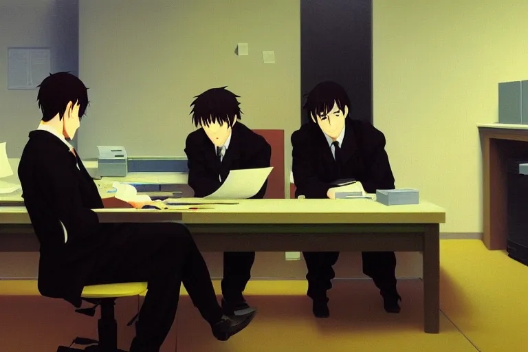 Image similar to anime key visual of three workers sitting in an office cubicle on the computer, style of jamie wyeth james gilleard edward hopper greg rutkowski acrylic painting, preserved museum piece, historical