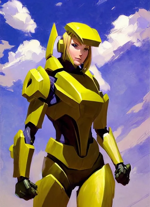 Image similar to Greg Manchess painting of Samus from Metroid Prime wearing Forerunner Armor from Halo, countryside, calm, fantasy character portrait, dynamic pose, above view, sunny day, thunder clouds in the sky, artwork by Jeremy Lipkin and Giuseppe Dangelico Pino and Michael Garmash and Rob Rey, very coherent asymmetrical artwork, sharp edges, perfect face, simple form, 100mm