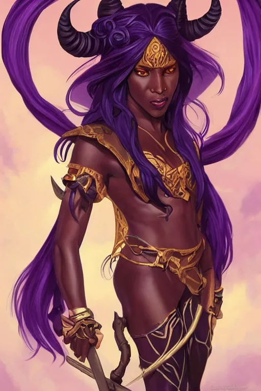 Prompt: portrait of an african female tiefling rogue with long straight purple hair, horns, golden eyes by artgerm and greg rutkowski and alphonse mucha