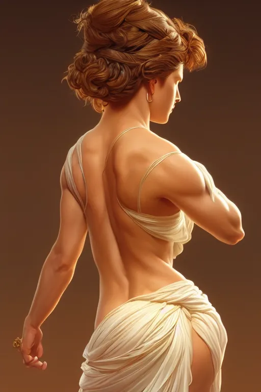 Image similar to 3 / 4 back pose of beautiful greek goddess, by terry o'neill intricate, elegant, highly detailed, digital painting, glistening skin, artstation, concept art, smooth, sharp focus, bright lighting, illustration, art by artgerm and greg rutkowski and alphonse mucha, 8 k