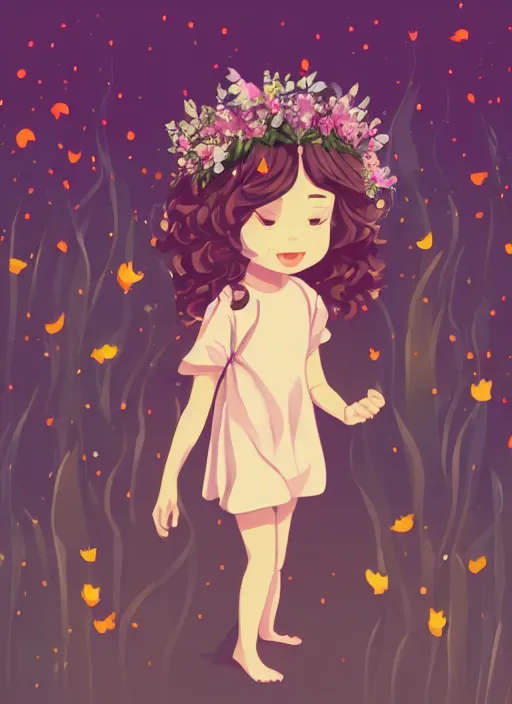 Image similar to little girl with wavy curly light brown hair chasing fireflies in the woods. wearing a flower crown. clean cel shaded vector art. shutterstock. behance hd by lois van baarle, artgerm, helen huang, by makoto shinkai and ilya kuvshinov, rossdraws, illustration, art by ilya kuvshinov