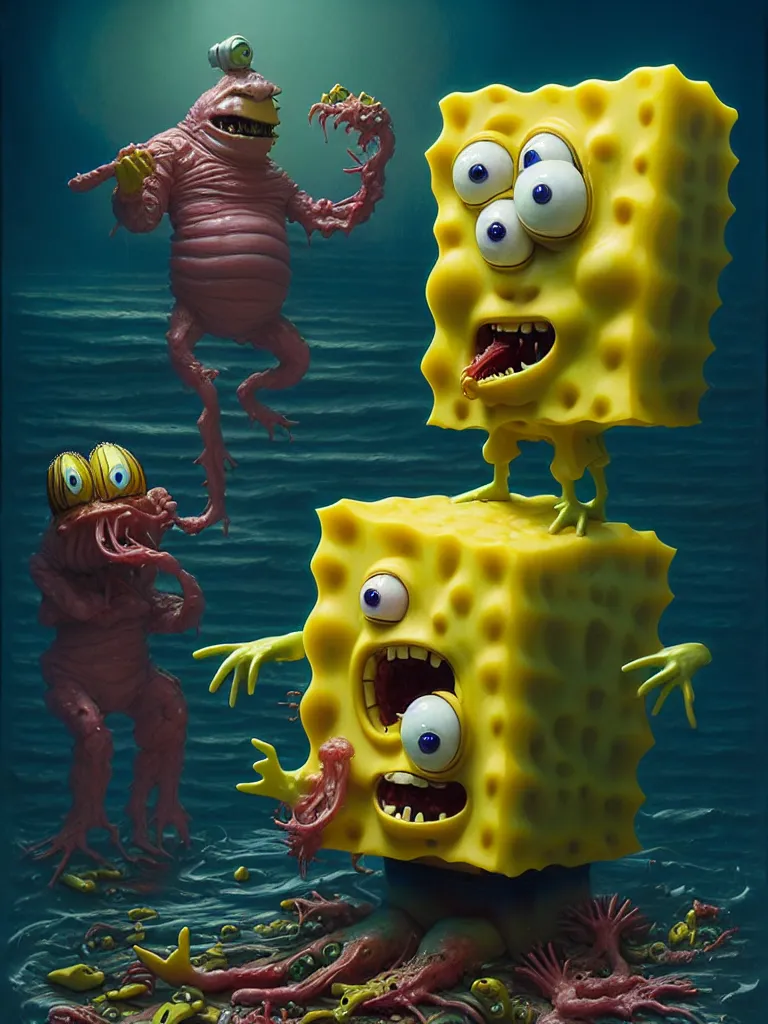 Image similar to hyperrealistic rendering, fat smooth john carpenter flesh monster spongebob by donato giancola and greg rutkowski and wayne barlow and zdzisław beksinski, product photography, action figure, sofubi, studio lighting, colored gels, colored background