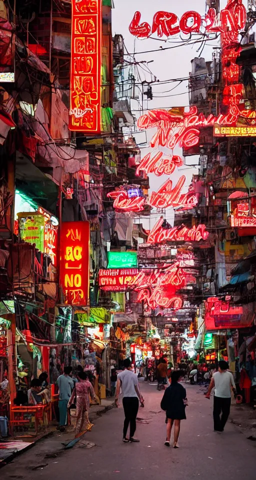 Image similar to New Saigon on Red Mars entertainment district street scene with lovers vendors and neon signed buildings. People are taking their fun seriously by Tsuchiya Koitsu