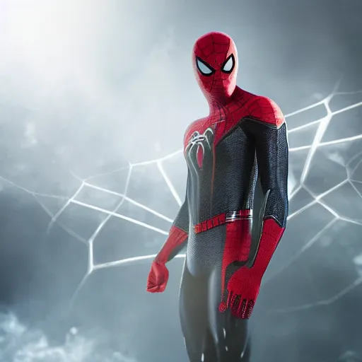 Image similar to black spider - man suit with white web lining, cinematic, volumetric lighting, realistic, hyperdetailed, photorealistic, photograph