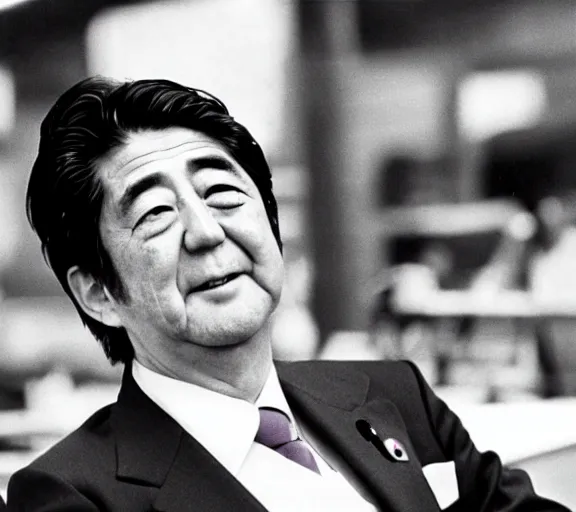 Image similar to a film still of shinzo abe in willy wonka's chocolate factory 1 9 7 3