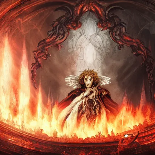 Prompt: A epic and beautiful rococo painting of a angelic black werewolf inside a burning cathedral. Castlevania style. ultra-detailed. Anime, pixiv, UHD 8K CryEngine, octane render