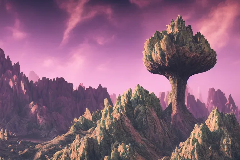 Image similar to an alien landscape featuring towering mountains, strange plants, and an otherworldly sky, 4 k photorealism